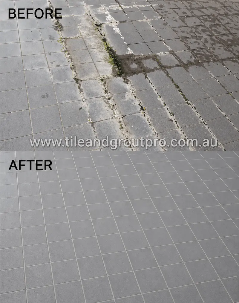 Tile regrouting before and after removing moss and dirty grout lines for a refreshed tiled surface