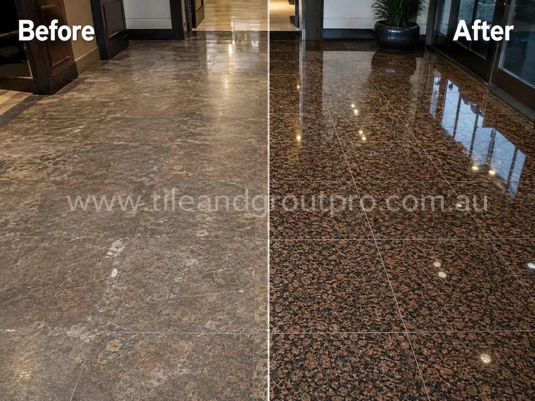 Before tile renewal, the commercial granite lobby floor tiles showed heavy wear, cloudy patches, and loss of shine in a high-traffic office corridor.