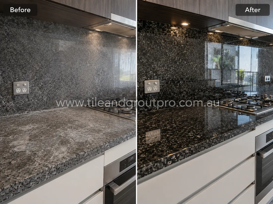 Black granite kitchen splashback and countertop with faded surface and reduced shine before professional stone polishing.
