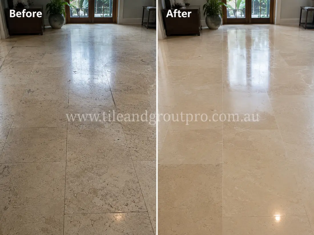 Before tile renewal, the indoor limestone floor tiles appeared dull with etched surfaces, worn finish, and light staining in a residential living area.