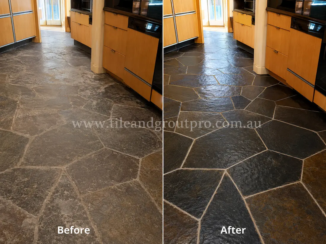Before tile renewal, the kitchen slate stone floor tiles appeared faded with residue buildup, uneven colouring, and worn grout lines in a residential kitchen.