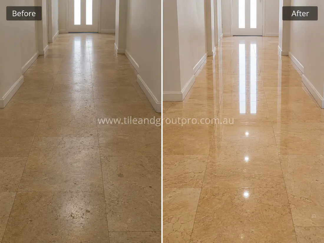 Beige limestone hallway floor tiles with worn surface and low sheen before stone polishing in a residential corridor. 
