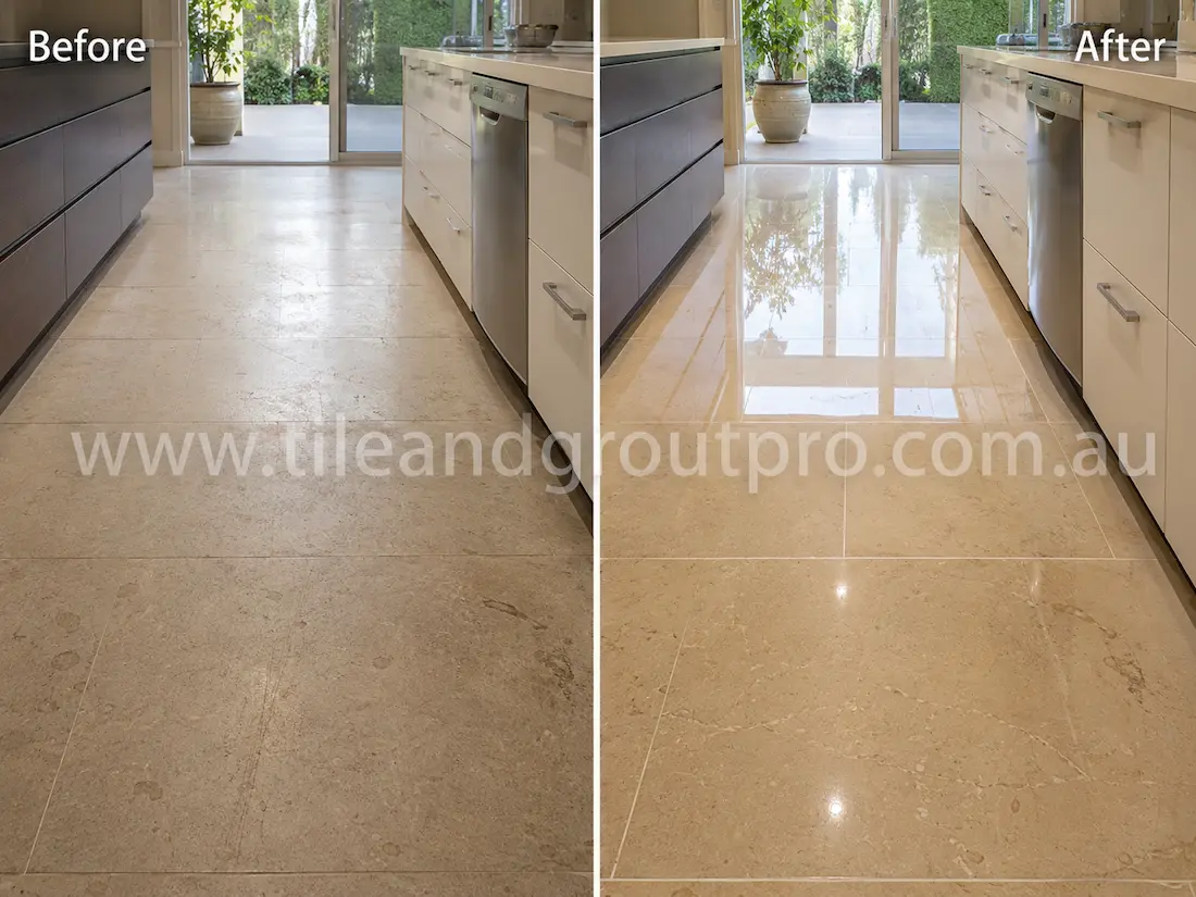 Beige limestone kitchen floor tiles with dull finish and visible traffic wear before professional stone polishing. 