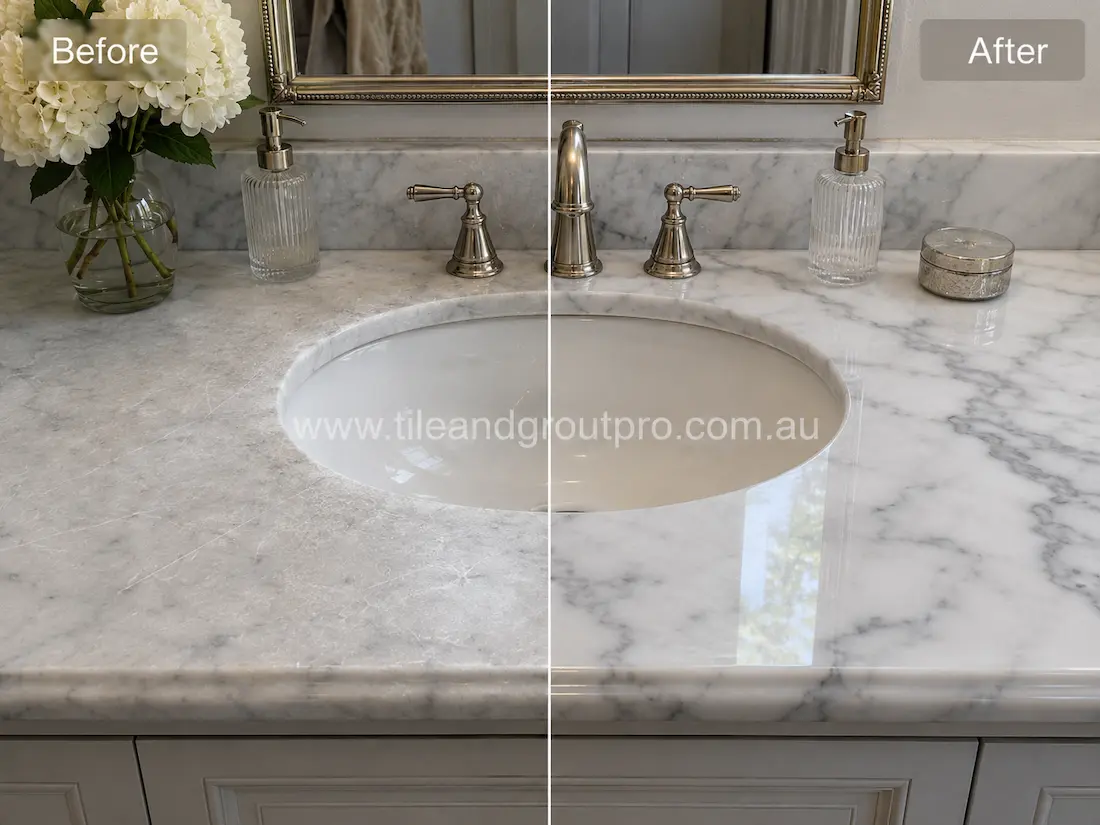 White marble bathroom vanity countertop with etching and light surface wear before stone polishing beside an undermount sink. 