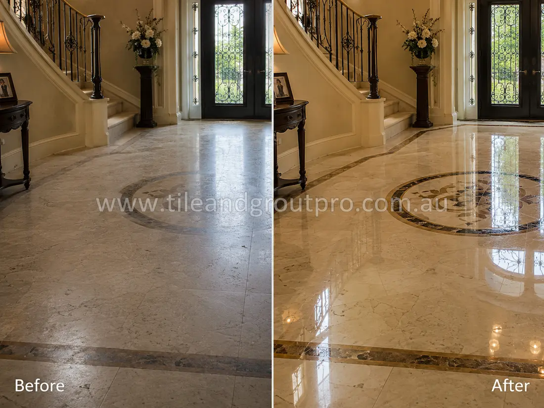 Luxury marble entryway floor with decorative inlay and low sheen before stone polishing in a grand residential foyer.