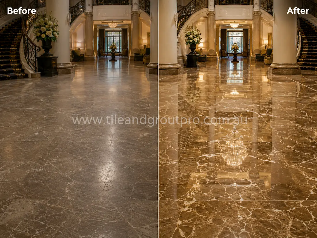 Large brown marble lobby floor with worn finish and reduced shine before professional stone polishing in a luxury interior space. 