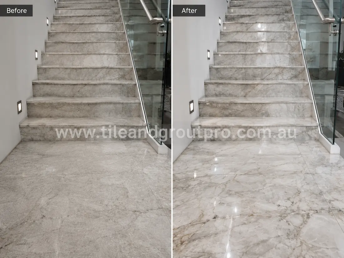 Grey marble staircase and landing tiles with dull finish and light etching before stone polishing in a modern interior.