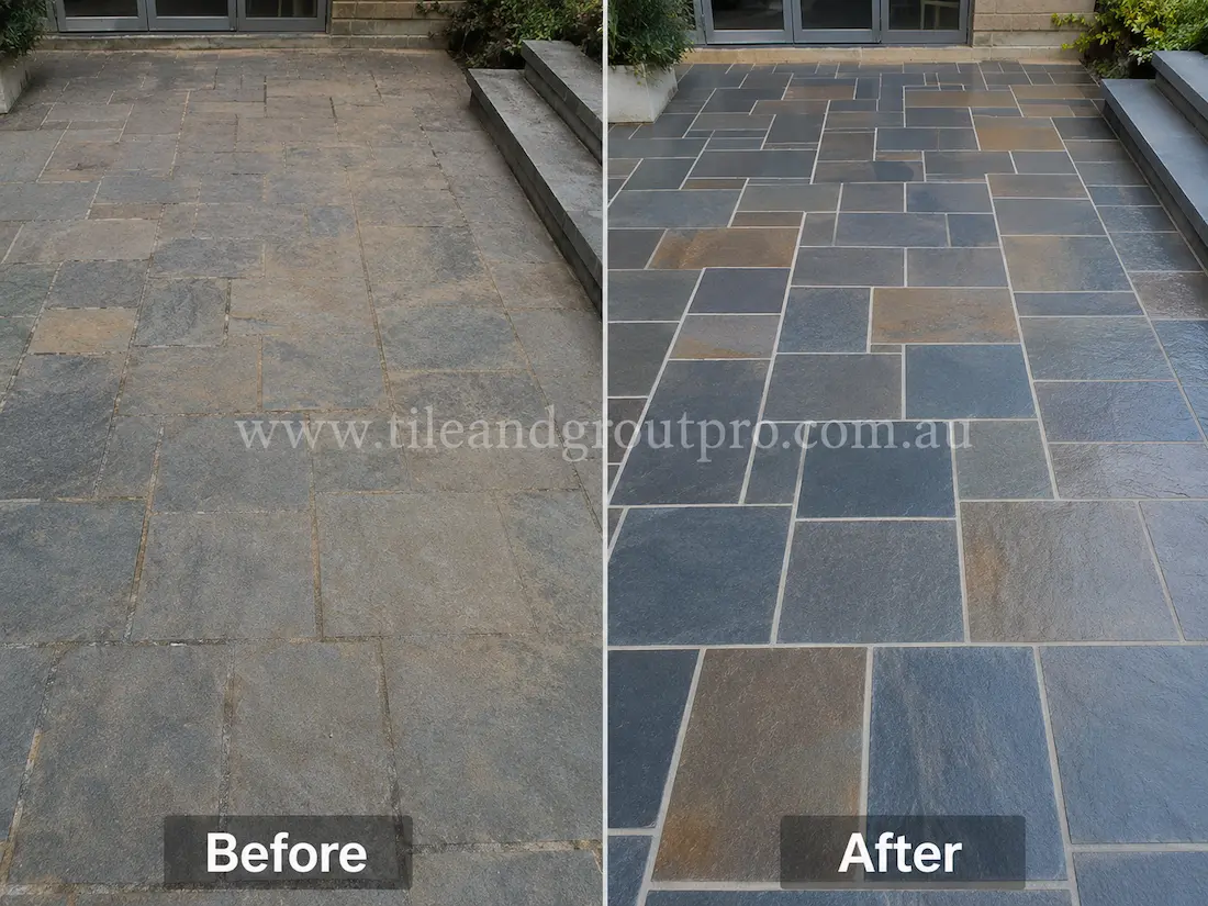 Before tile renewal, the outdoor slate patio tiles showed heavy weathering, white residue, and uneven colouring in an exterior entertaining area.