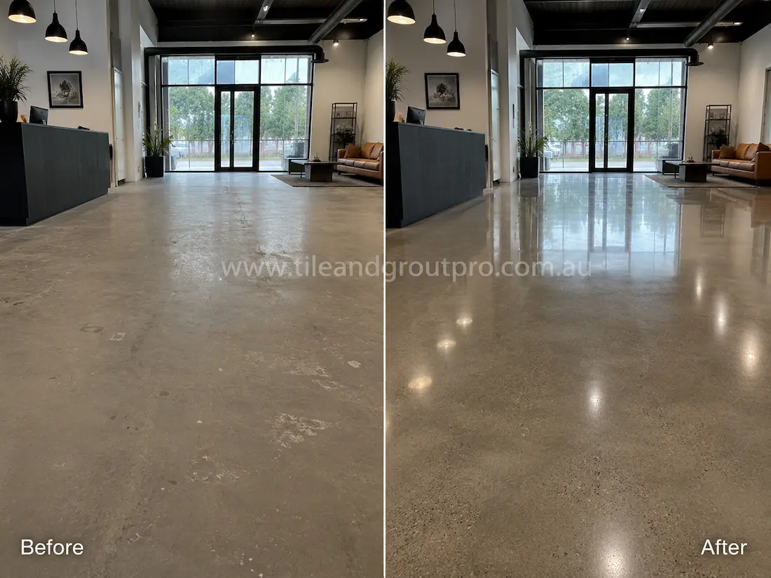 Commercial polished concrete office floor with dull finish and visible traffic wear before concrete stone polishing service.