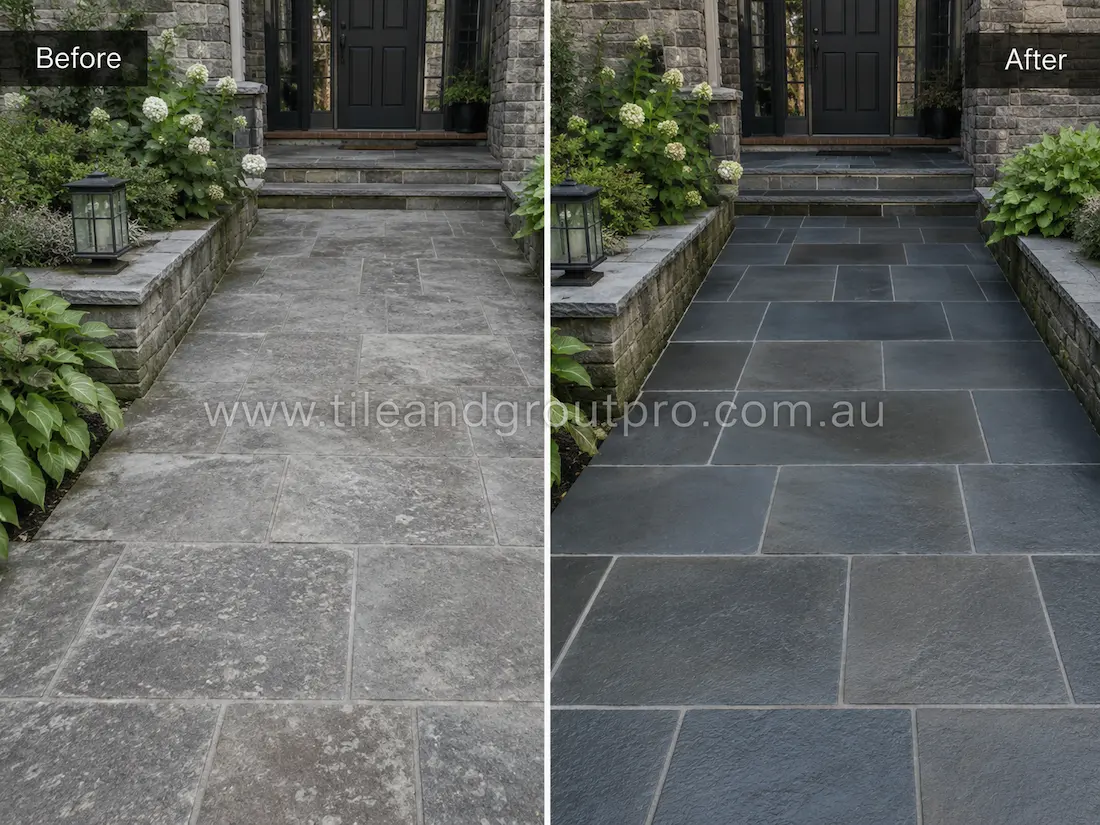 Outdoor slate walkway and front entrance pavers with faded color and weathered surface before professional stone polishing.