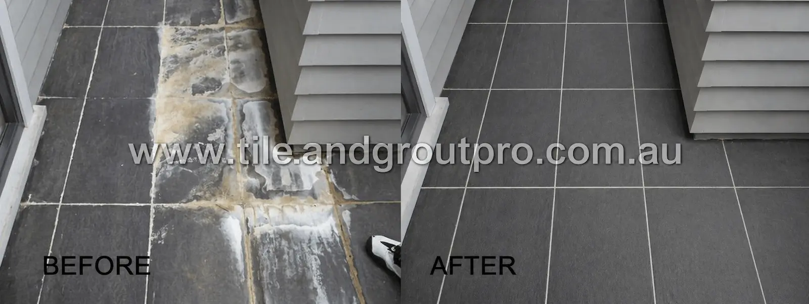 Outdoor tile regrouting before and after removing stains and efflorescence for a clean finish