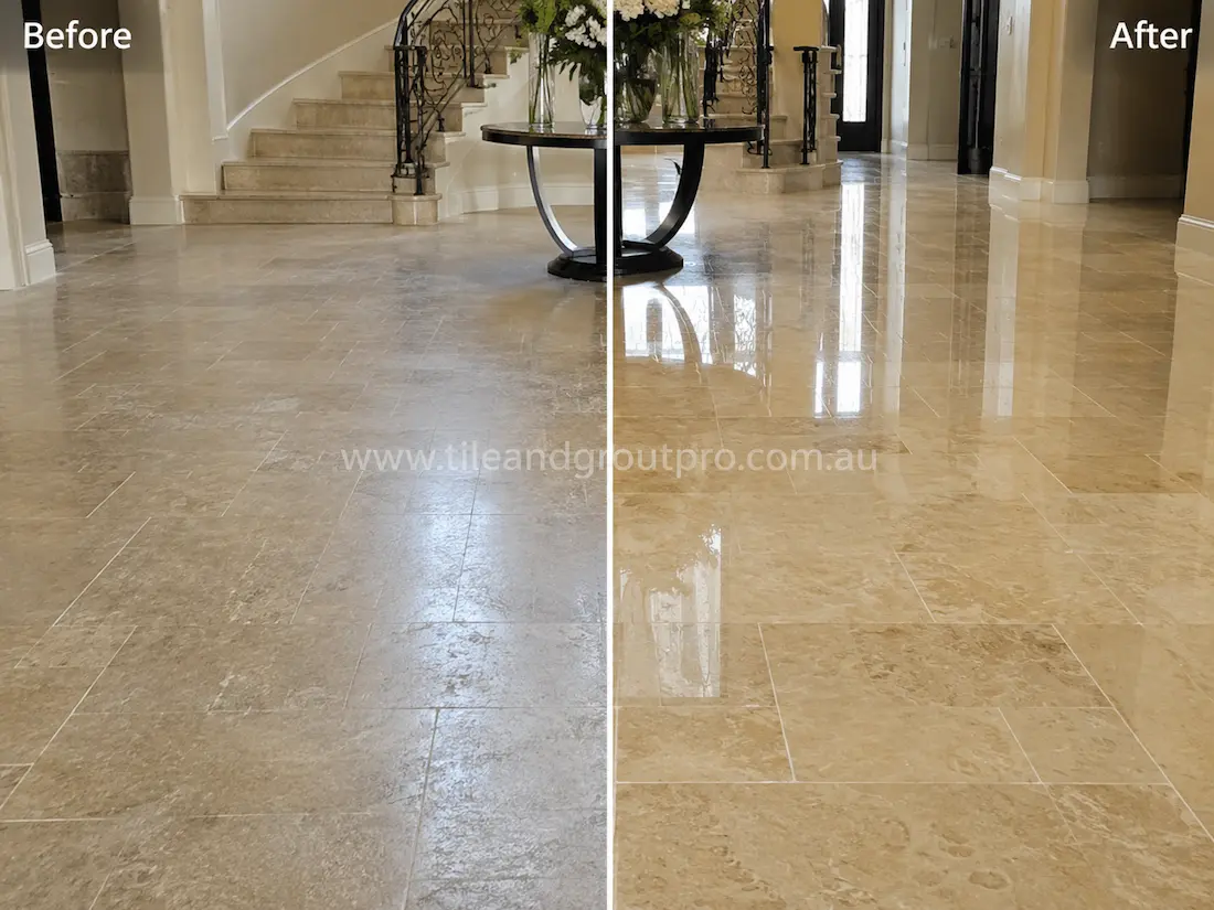 Beige travertine entryway floor tiles with dull finish and visible wear before professional stone polishing in a luxury home foyer. 