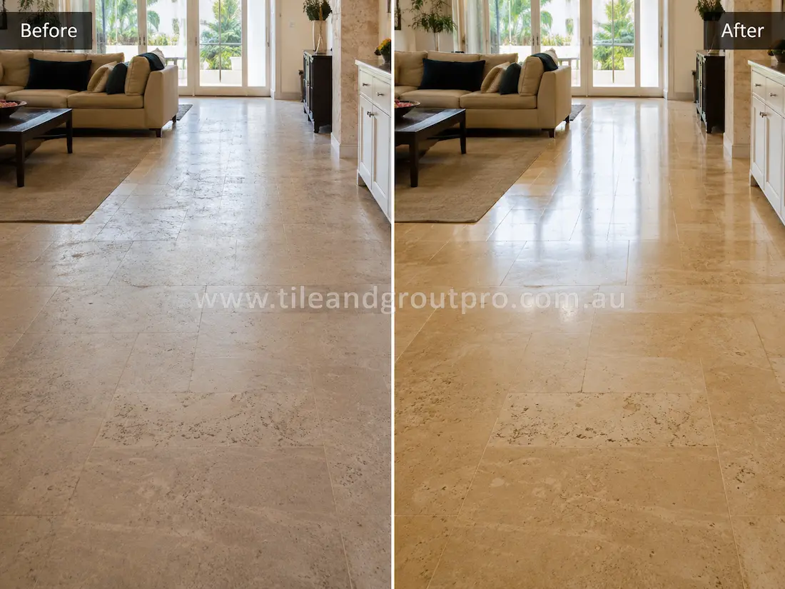 Beige travertine living room floor tiles with dull finish and visible wear before professional stone polishing in an open-plan home interior.