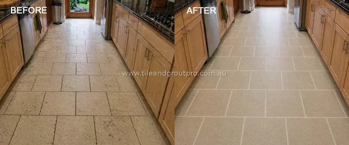 Kitchen tile surface before and after regrouting demonstrating a brighter and more uniform grout finish
