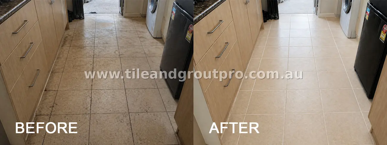 Light ceramic kitchen floor tiles with heavy grime, stains, and discoloured grout lines before professional tile and grout cleaning