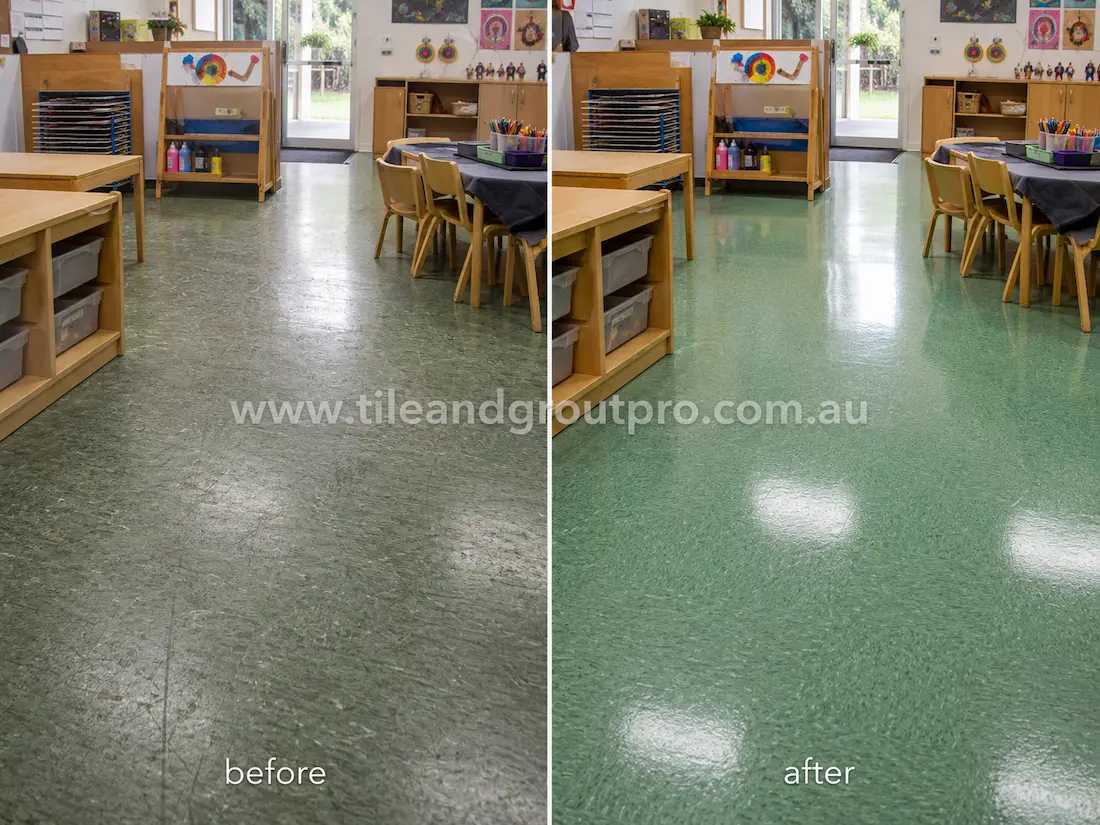 Childcare classroom with green linoleum floors before sealer stripping, showing scratches, dull sealer buildup, faded shine, and heavy foot traffic wear around tables and storage units.