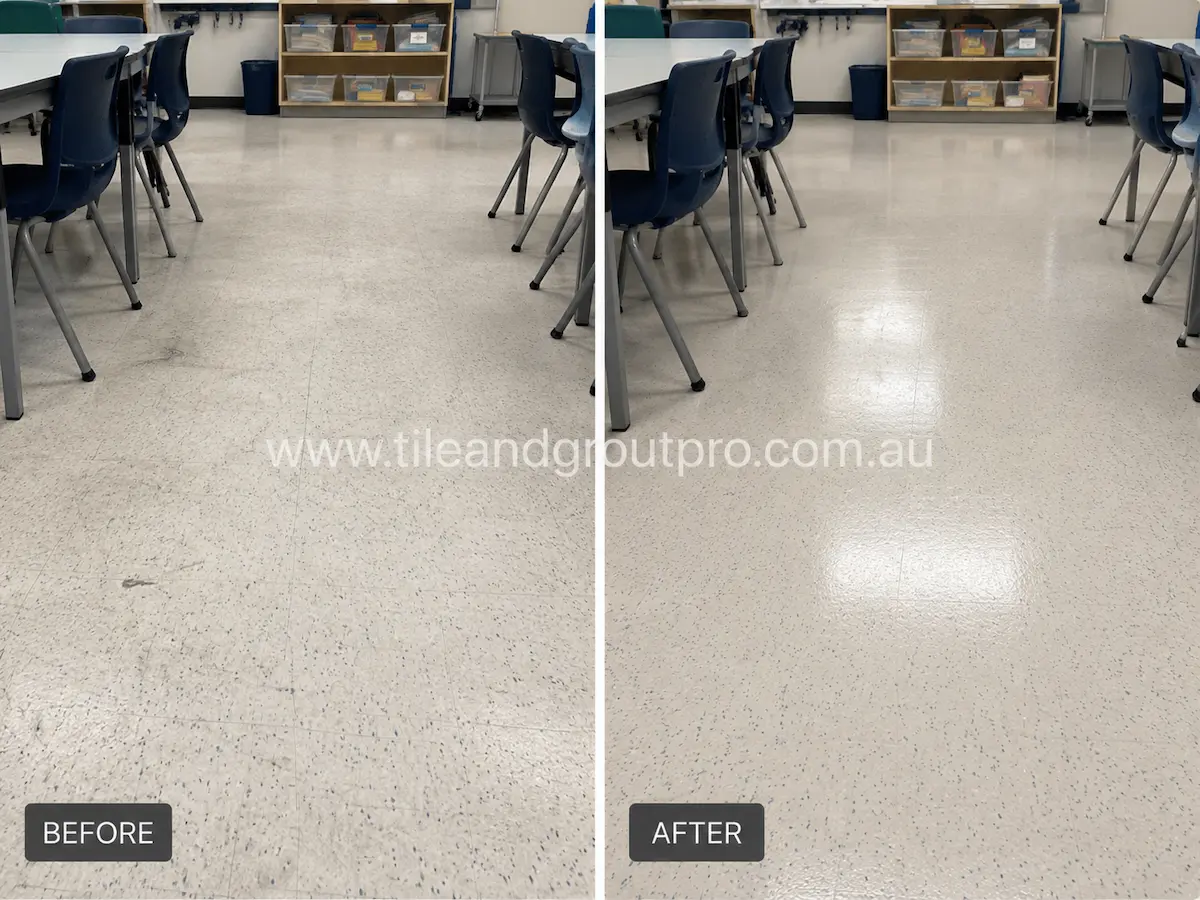 Before and after view of speckled linoleum tile flooring in a classroom with dirt marks, surface wear, and low gloss before linoleum floors cleaning.