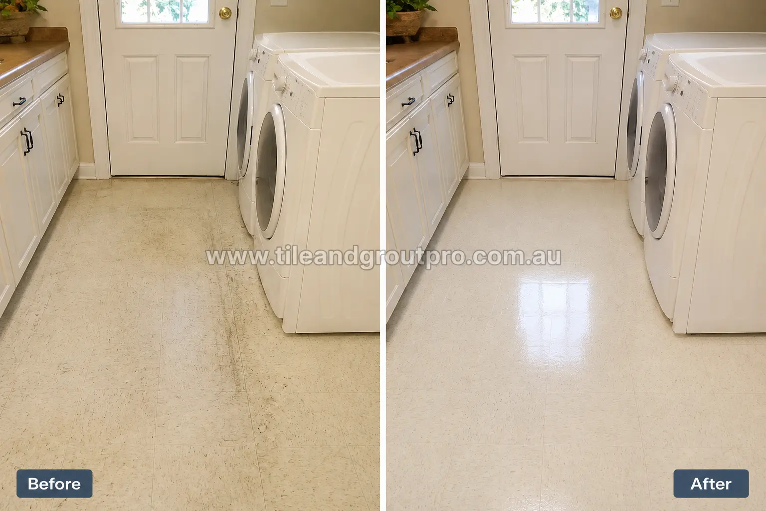 Before and after view of white linoleum tile flooring in a laundry room with grime buildup, darkened traffic paths, and dull finish before linoleum floors cleaning.