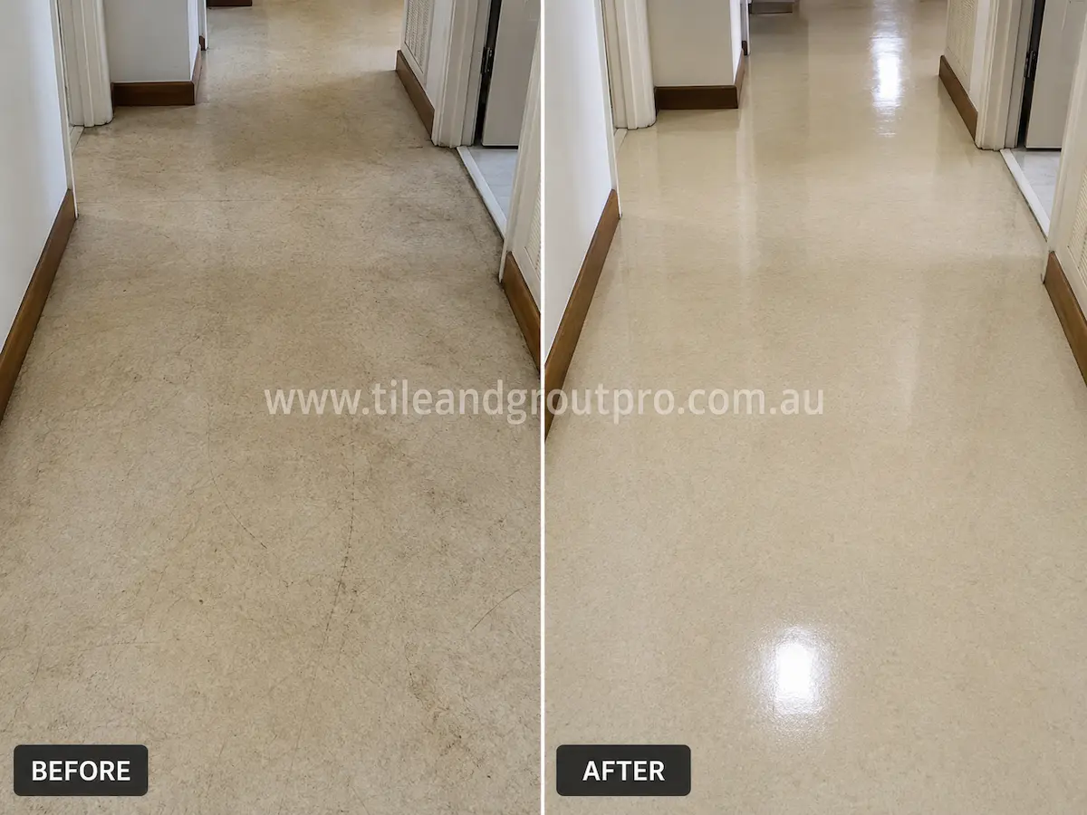 Before and after view of beige linoleum flooring in a residential hallway with visible scuff marks, scratches, dirt buildup, and dull traffic wear before linoleum floors cleaning.