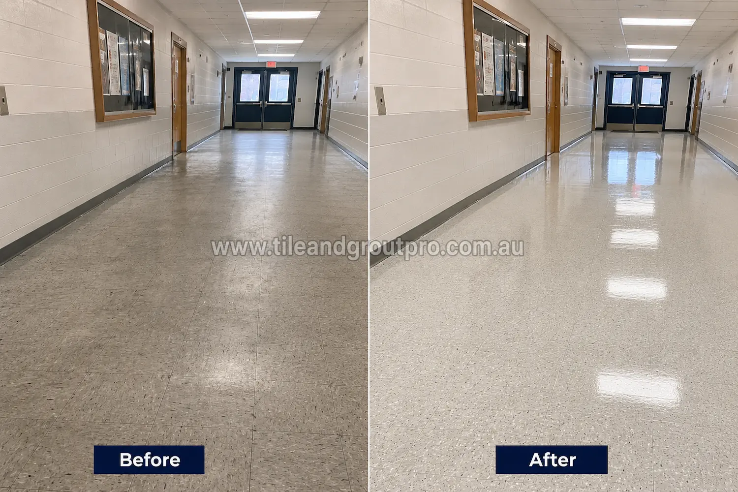 Before and after view of gray linoleum tile flooring in a school hallway with dull finish, scuff marks, and heavy foot traffic wear before linoleum floors cleaning.