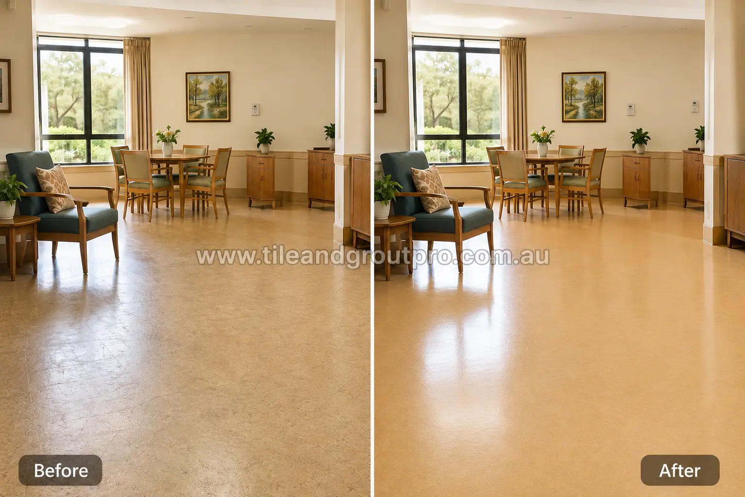 Before and after view of tan linoleum flooring in a senior living dining area with scuffs, faded finish, and visible wear before linoleum floors cleaning.