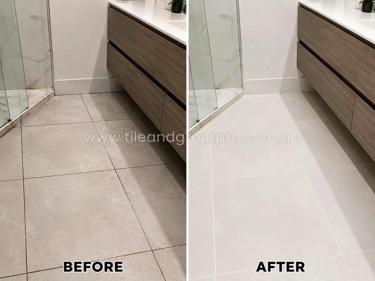 Before and after view of bathroom porcelain floor tiles with dull grout lines and surface buildup professionally cleaned during tile maintenance service.