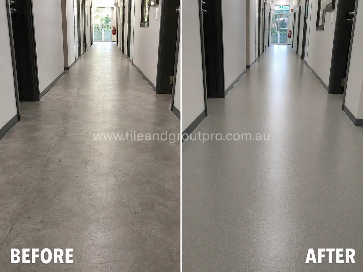 Before and after view of commercial hallway vinyl flooring with traffic wear, scuffing, and dull finish restored through professional maintenance cleaning.