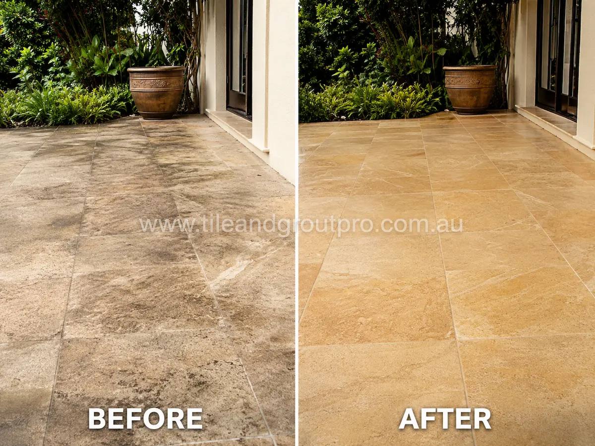 Before and after view of outdoor stone patio tiles with dark staining, grime, and weather exposure professionally cleaned and restored during maintenance service.