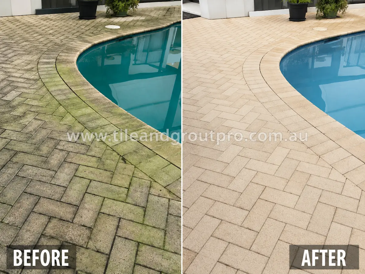 Before and after view of outdoor poolside brick pavers covered with moss, algae, and dirt buildup restored through professional maintenance cleaning.