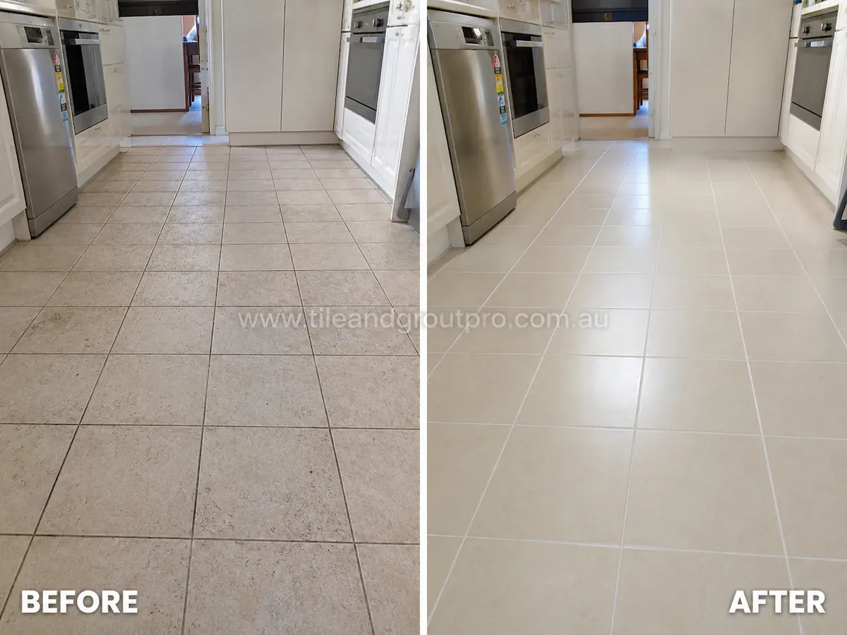Before and after view of residential kitchen ceramic floor tiles with dirty grout and dull surface professionally cleaned during tile maintenance.