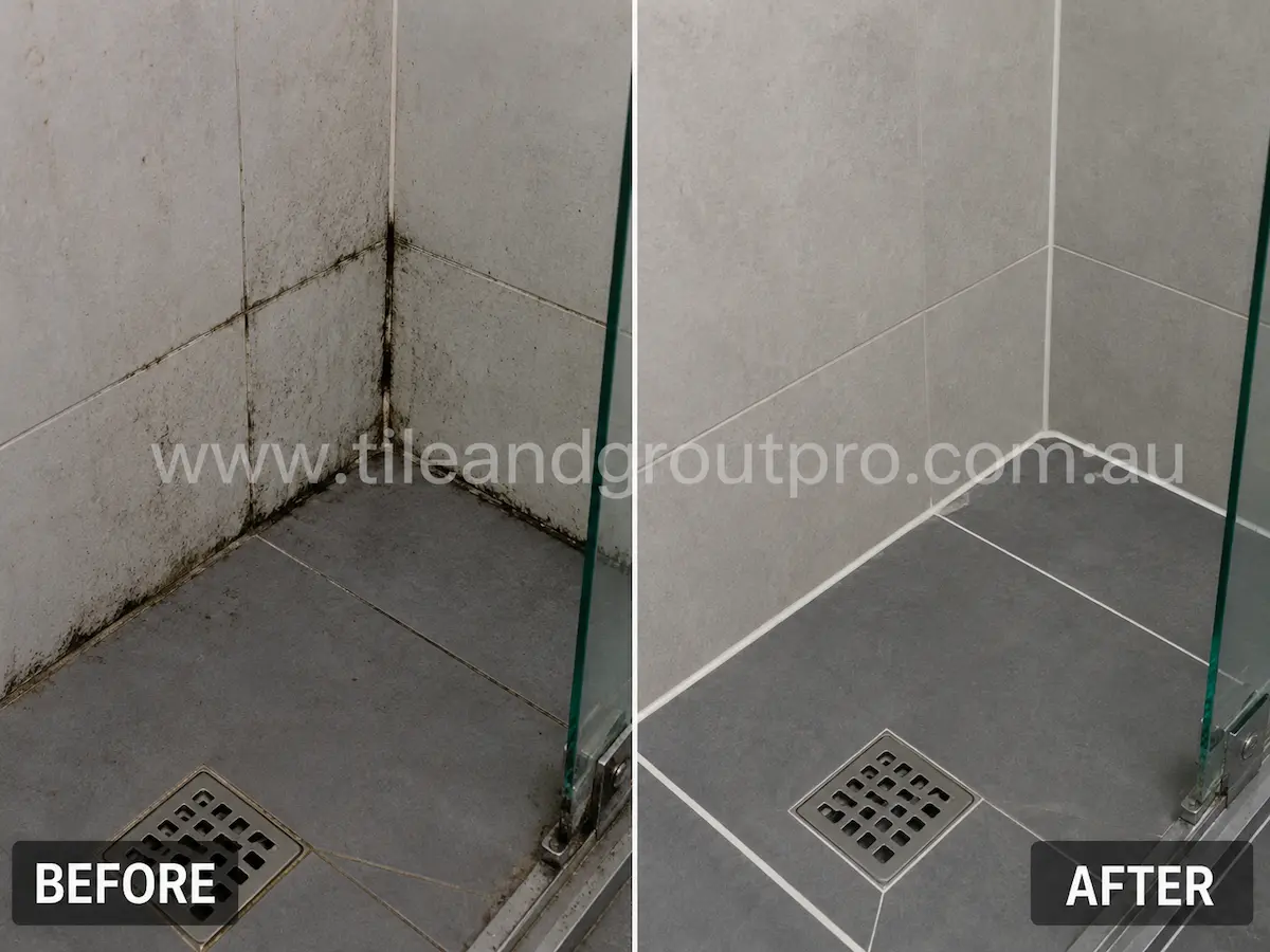 Before and after view of grey ceramic shower floor and wall tiles with black mould buildup in grout joints and corners cleaned with mould and algae treatment.