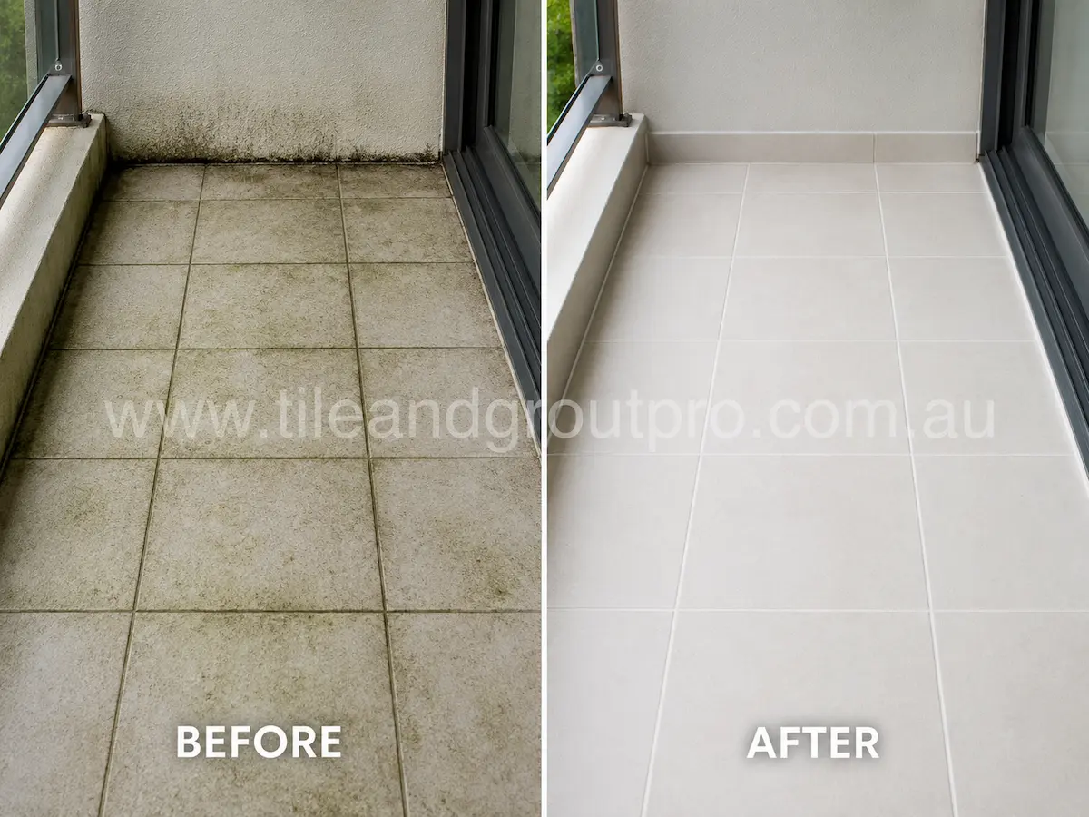 Before and after view of outdoor ceramic balcony floor tiles with algae staining and dirt buildup professionally cleaned through mould and algae treatment.