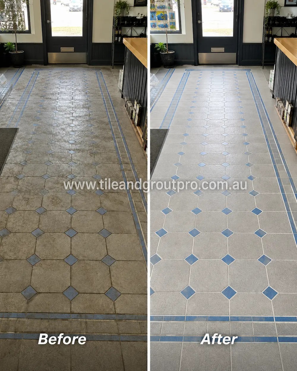Before and after view of octagon pressed floor tiles with blue inserts in a commercial entryway showing heavy grime, dull surfaces, and darkened grout before pressed floor tiles cleaning.