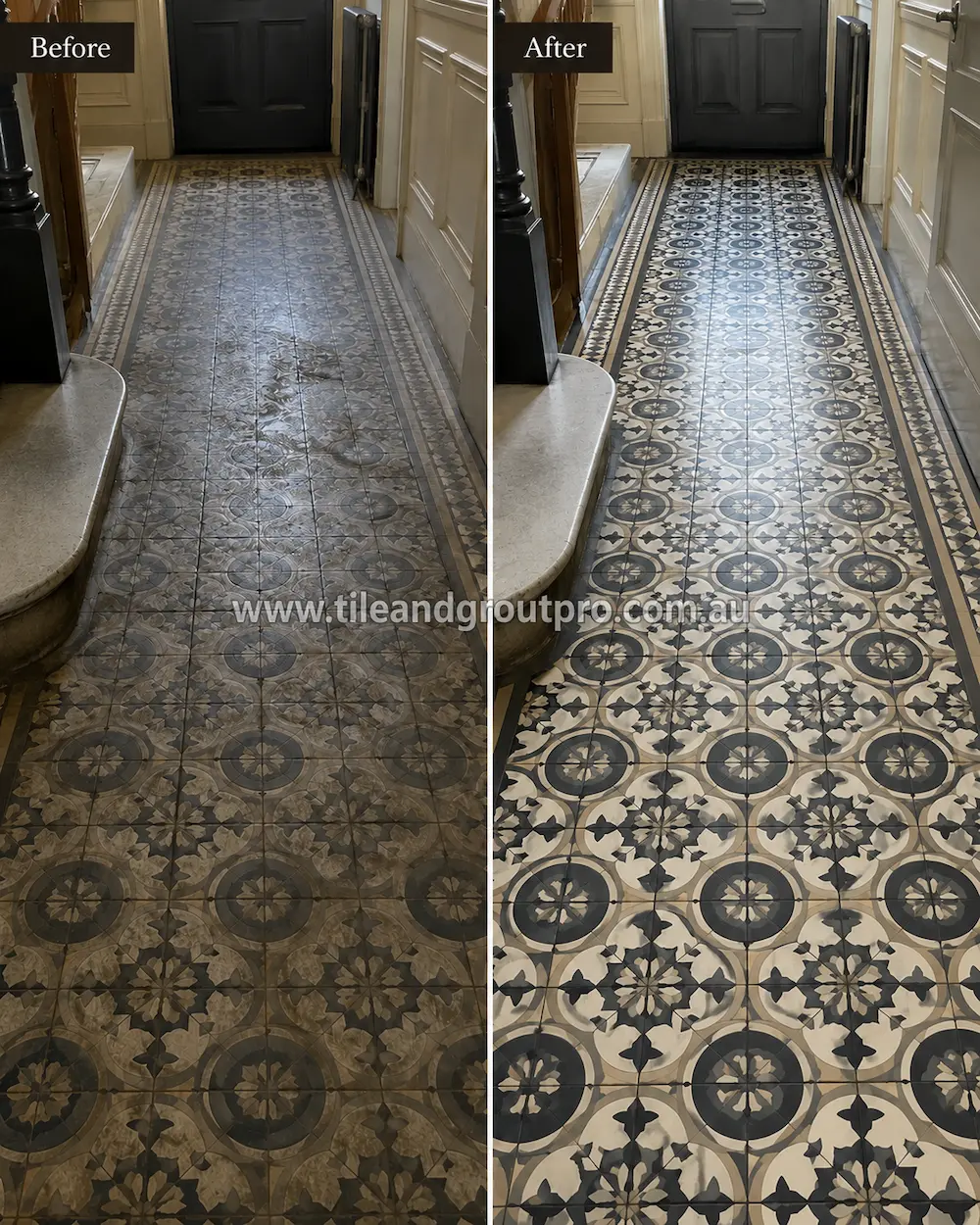 Before and after view of heritage patterned pressed floor tiles in a hallway with dark staining, surface wear, and faded decorative details restored by pressed floor tiles cleaning.