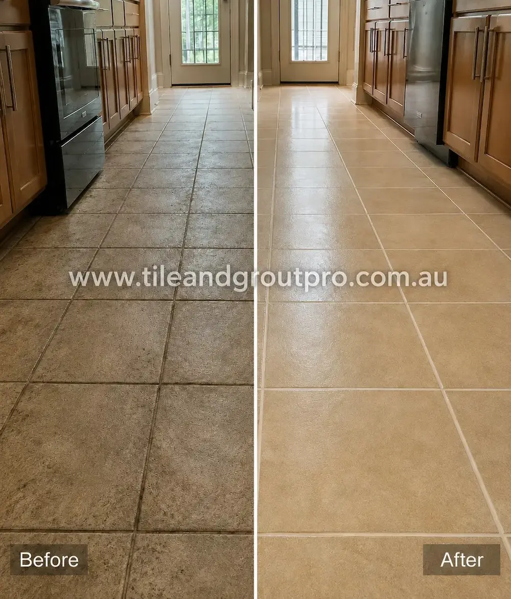 Before and after view of beige ceramic floor tiles in a residential kitchen with embedded dirt, stained grout lines, and dull textured surfaces before professional floor tiles cleaning.