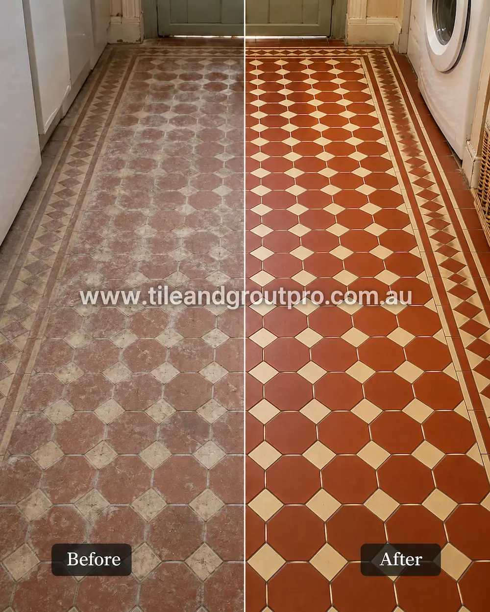 Before and after view of heritage octagon pressed floor tiles in a laundry room with faded color, embedded dirt, and cloudy residue restored through pressed floor tiles cleaning.