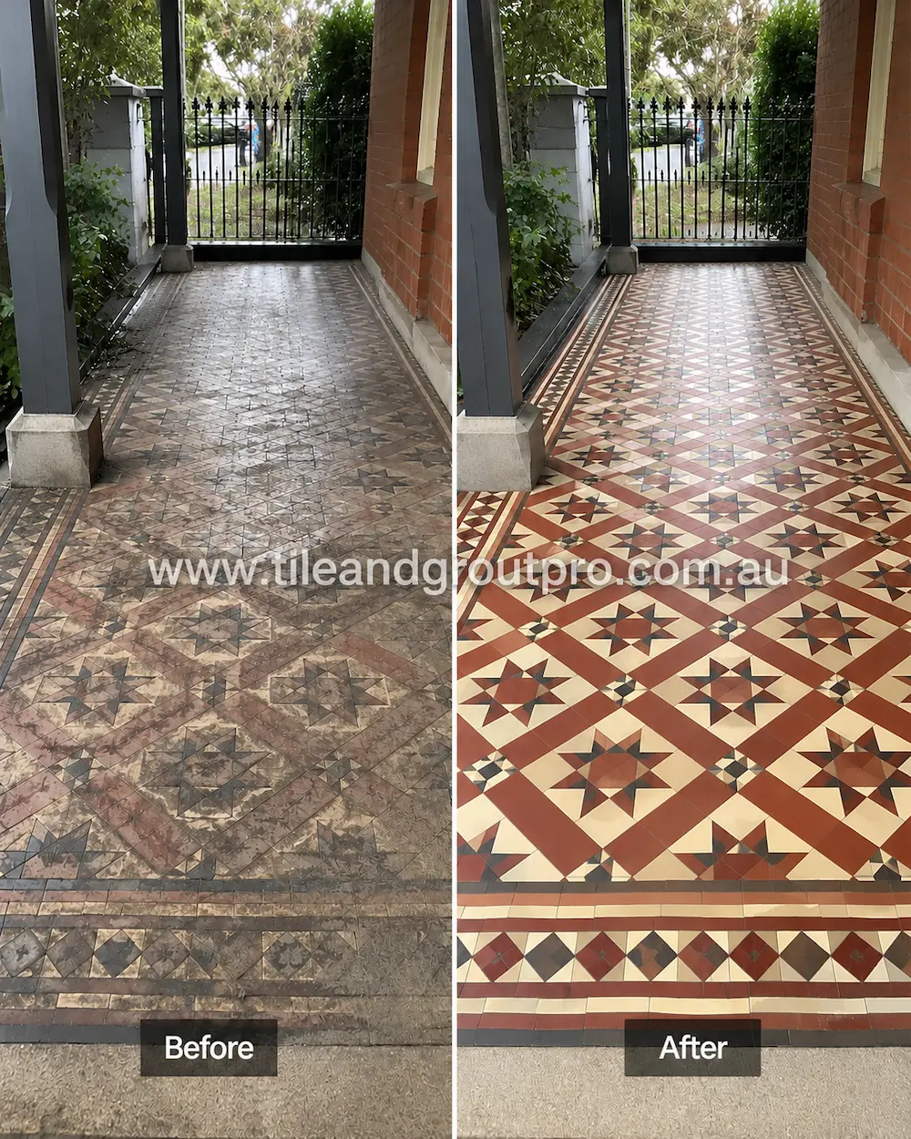 Before and after view of heritage pressed floor tiles on an outdoor verandah with faded geometric patterns, weather staining, and built-up grime restored through pressed floor tiles cleaning.
