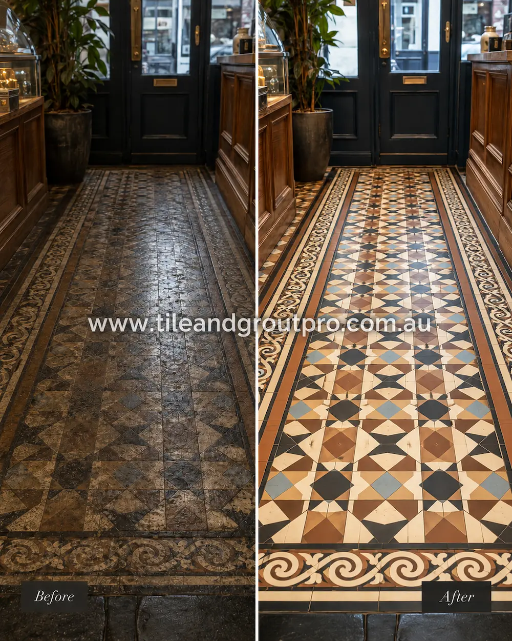 Before and after view of Victorian-style pressed floor tiles in a café hallway with worn patterns, deep grime, and dull decorative borders professionally cleaned and revived.