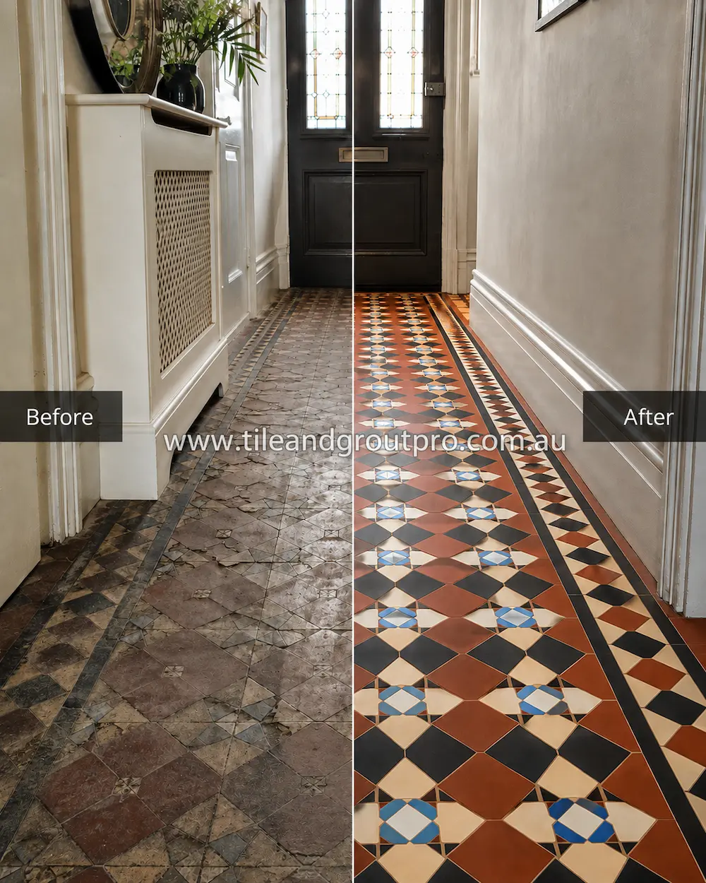 Before and after view of Victorian encaustic pressed floor tiles in a residential hallway with heavy dirt buildup, faded patterns, and worn surface appearance restored through pressed floor tiles cleaning.
