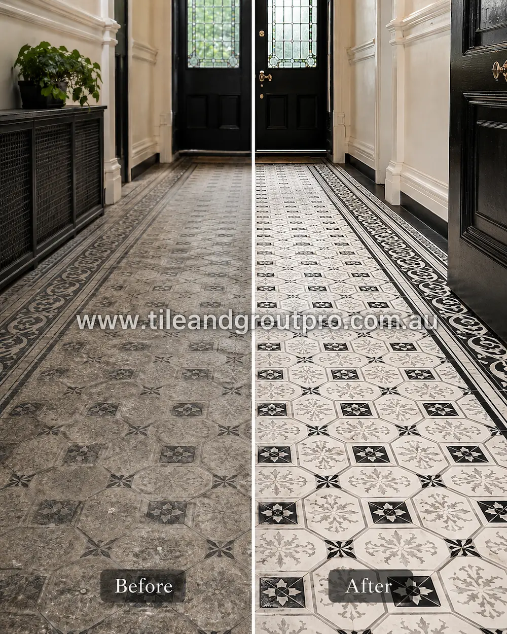 Before and after view of vintage hexagon pressed floor tiles in a heritage hallway with embedded grime, discoloration, and muted decorative patterns restored through pressed floor tiles cleaning.