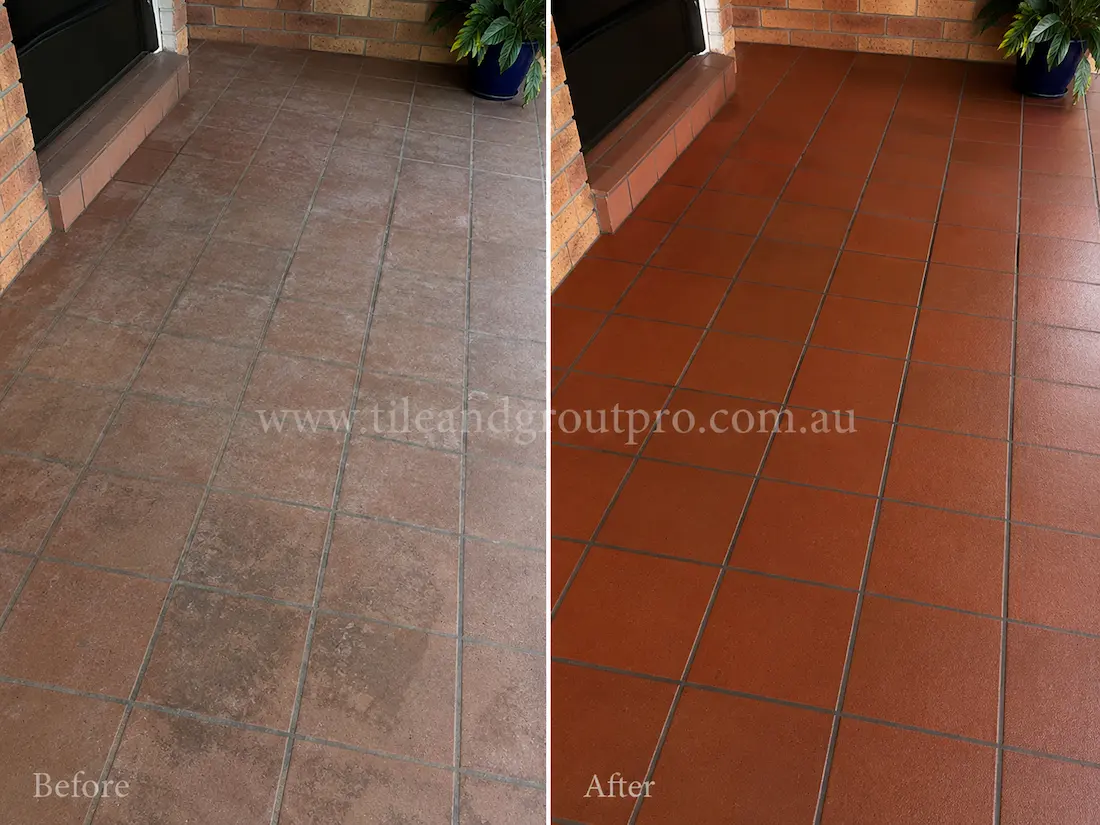 Residential front entry with quarry floor tiles displaying cloudy sealer residue, dull patches, and surface wear before Sealer Stripping treatment.