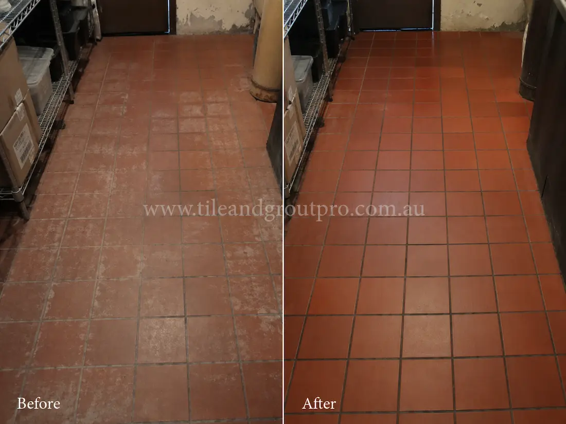 Storage room floor with quarry tiles affected by sealer haze, dull patches, and embedded grime before professional Sealer Stripping service.