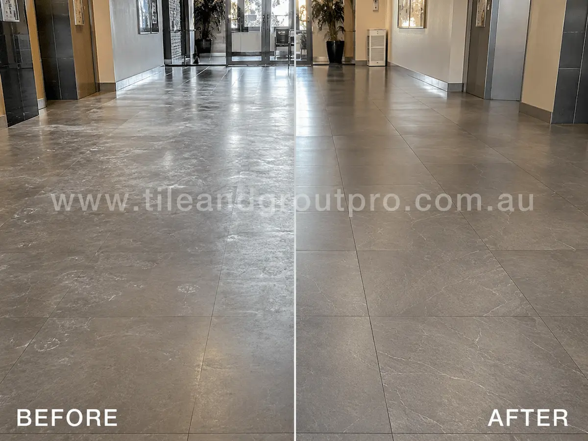 Before and after view of commercial hallway porcelain floor tiles with uneven old sealer, dull finish, and surface haze restored through professional sealer stripping.