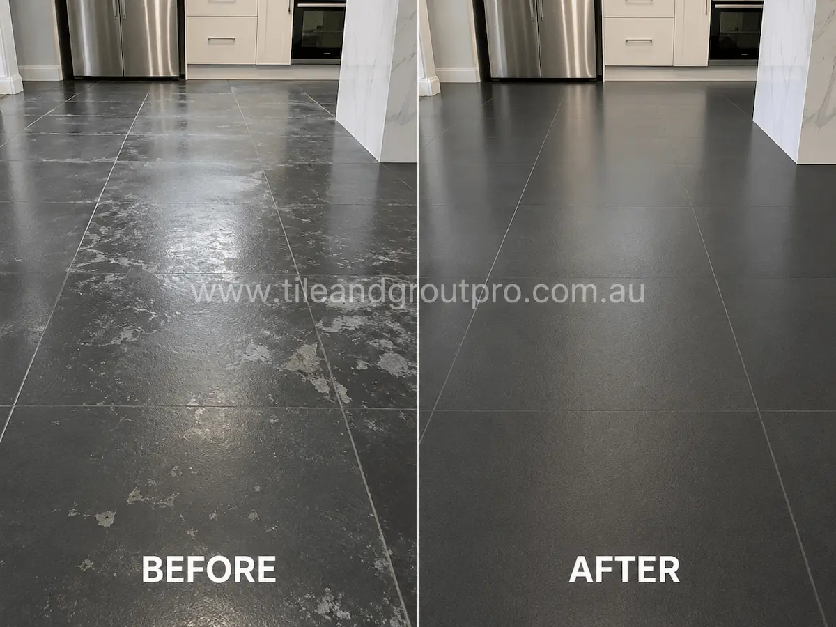 Before and after view of dark porcelain kitchen floor tiles with heavy sealer residue, dullness, and patchy finish restored using professional sealer stripping.