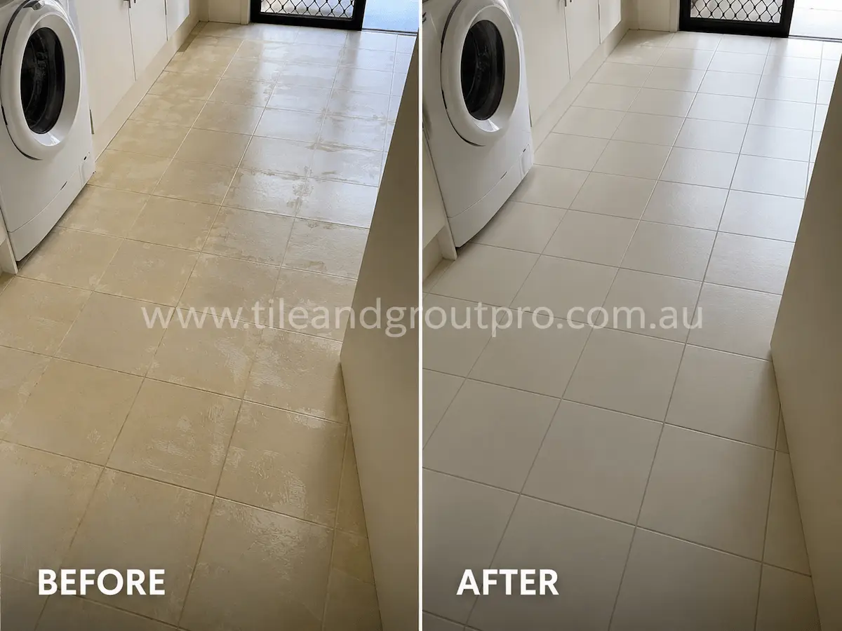 Before and after view of laundry ceramic floor tiles with patchy sealer residue, cloudy surface, and worn appearance cleaned through sealer stripping service.