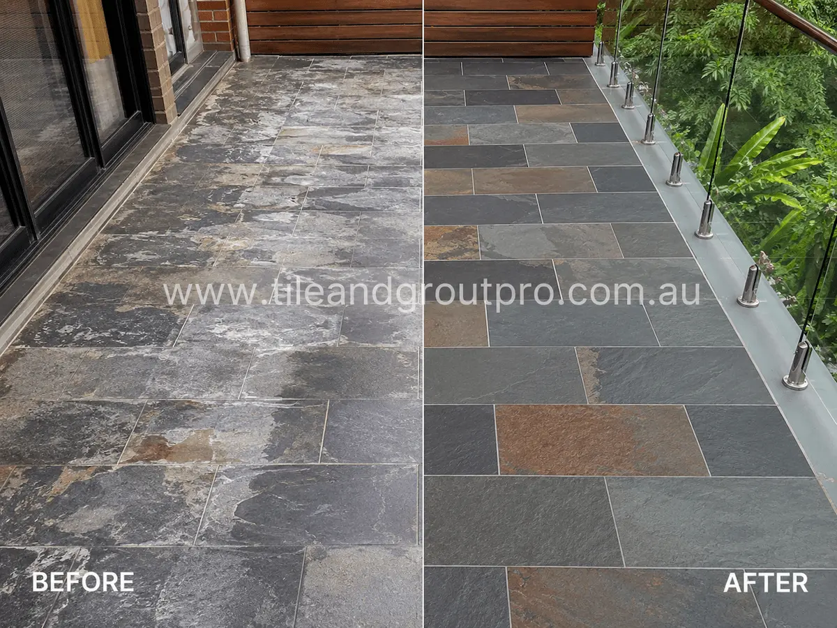 Before and after view of outdoor slate balcony floor tiles with weathered sealer residue, discoloration, and uneven finish restored through sealer stripping.