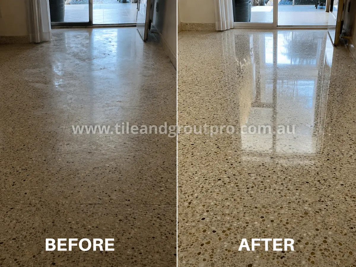 Before and after view of terrazzo hallway floor tiles with worn sealer, haze, and dull finish restored to a polished reflective surface using sealer stripping.