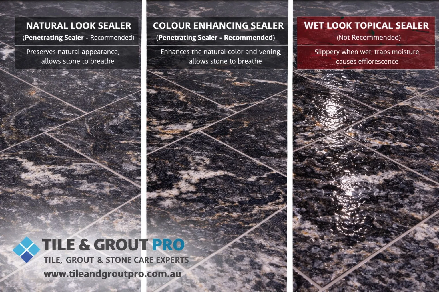Polished black granite tile sealing options in Mount Lawley