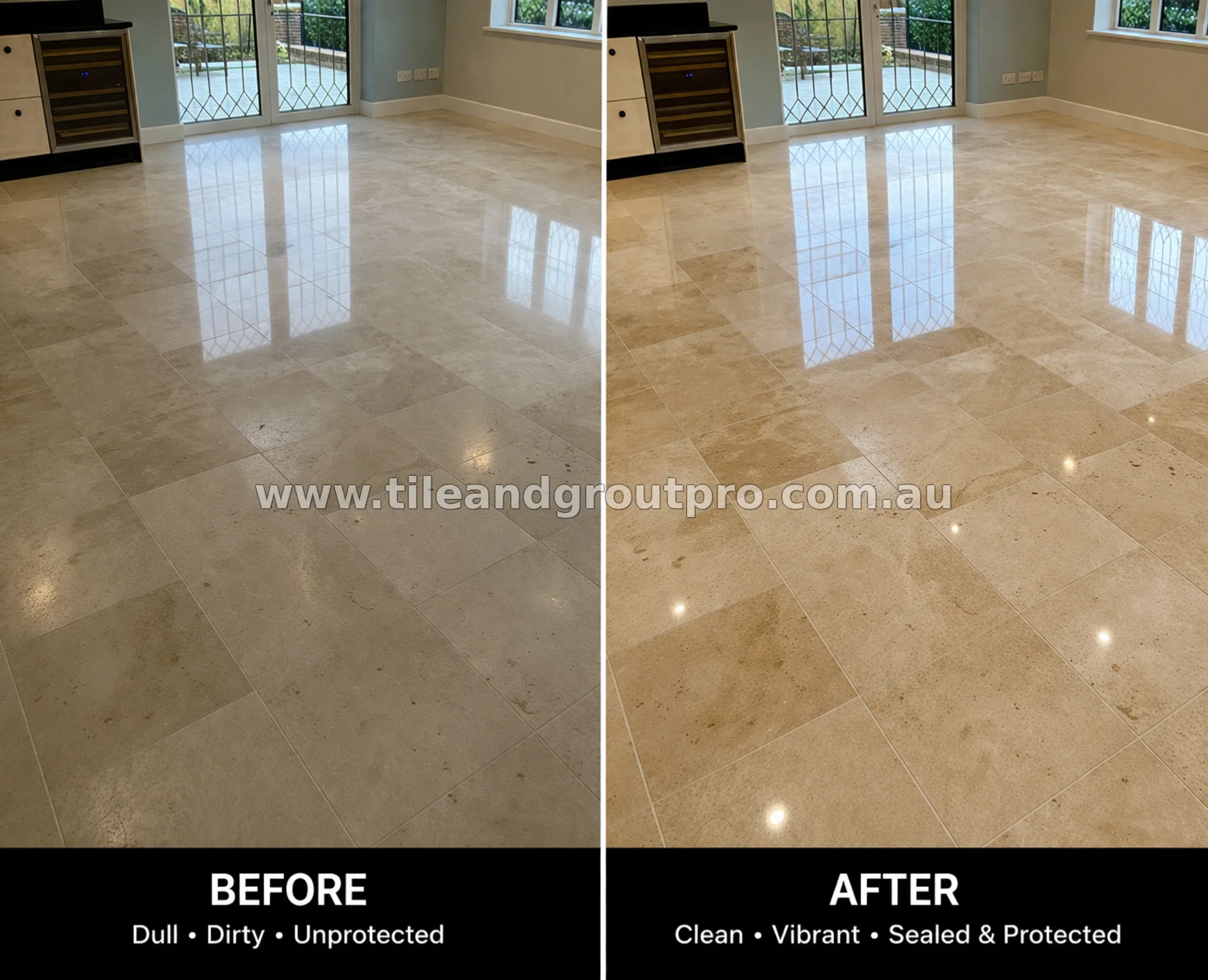 Polished porcelain floor sealing before and after in Mount Lawley