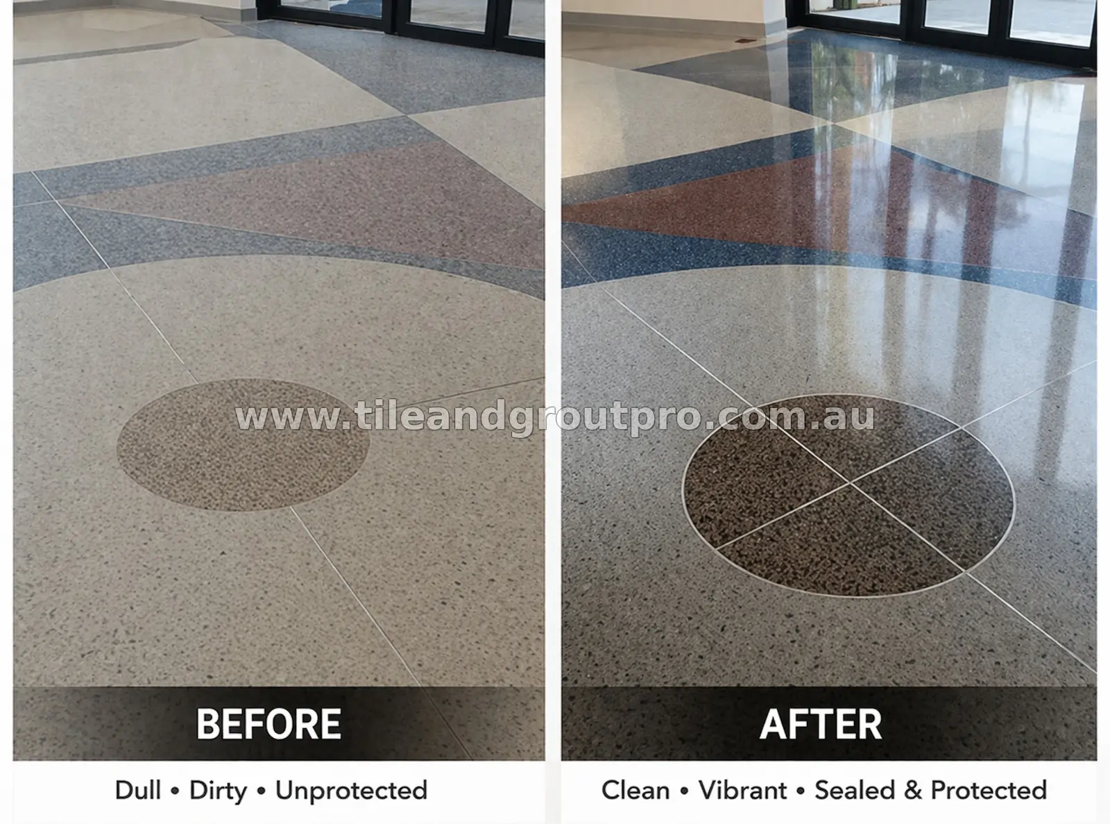 Terrazzo floor sealing before and after in Mount Lawley